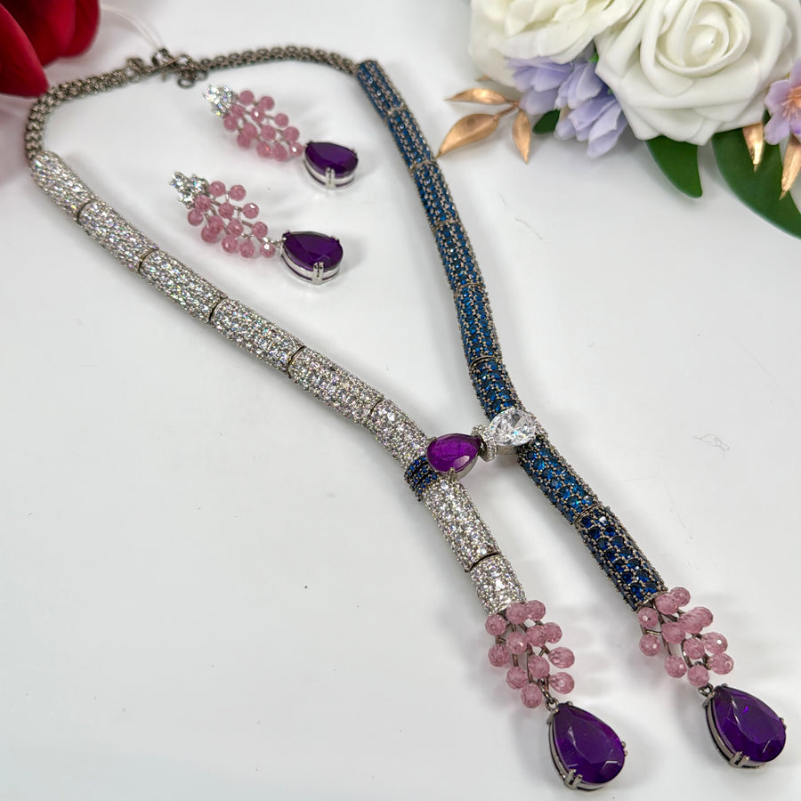 Blue Purple Pink Invisible Setting Necklace Set