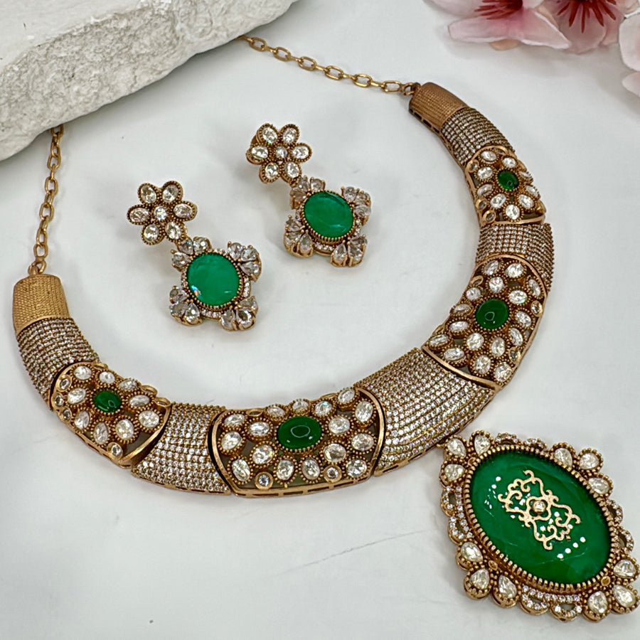 Green Glass Stone With Inlay Work Moissanite Hasli Necklace Set