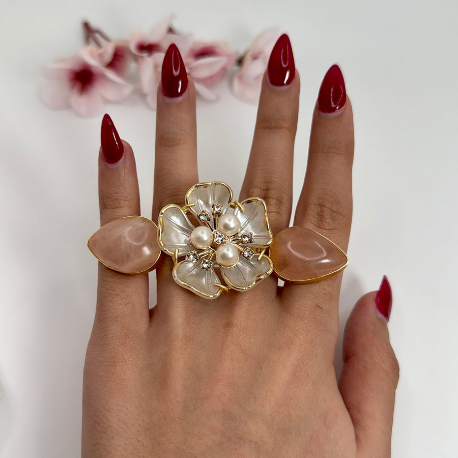 Pink MOP Flower Two Finger Adjustable Finger Ring