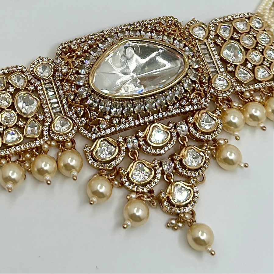 Clear Pearl Kundan Choker Necklace Set