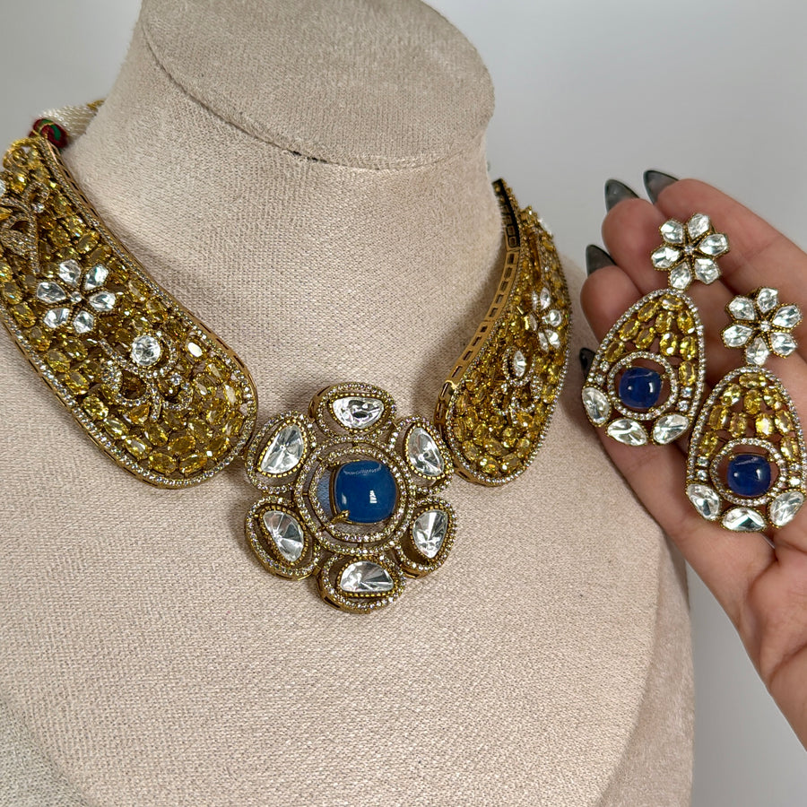 Blue Doublet & Yellow Moissanite Invisible Flower Necklace Set