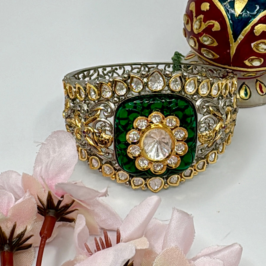 Green Dual Tone Kundan Openable Bracelet( Fits Size 2.2-2.6)