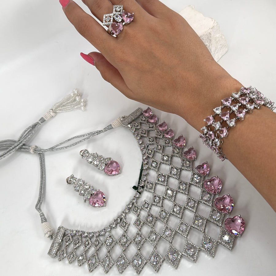 Pink American Diamonds Cubic Zirconia Bib Necklace Set With Adjustable Bracelet & Finger Ring