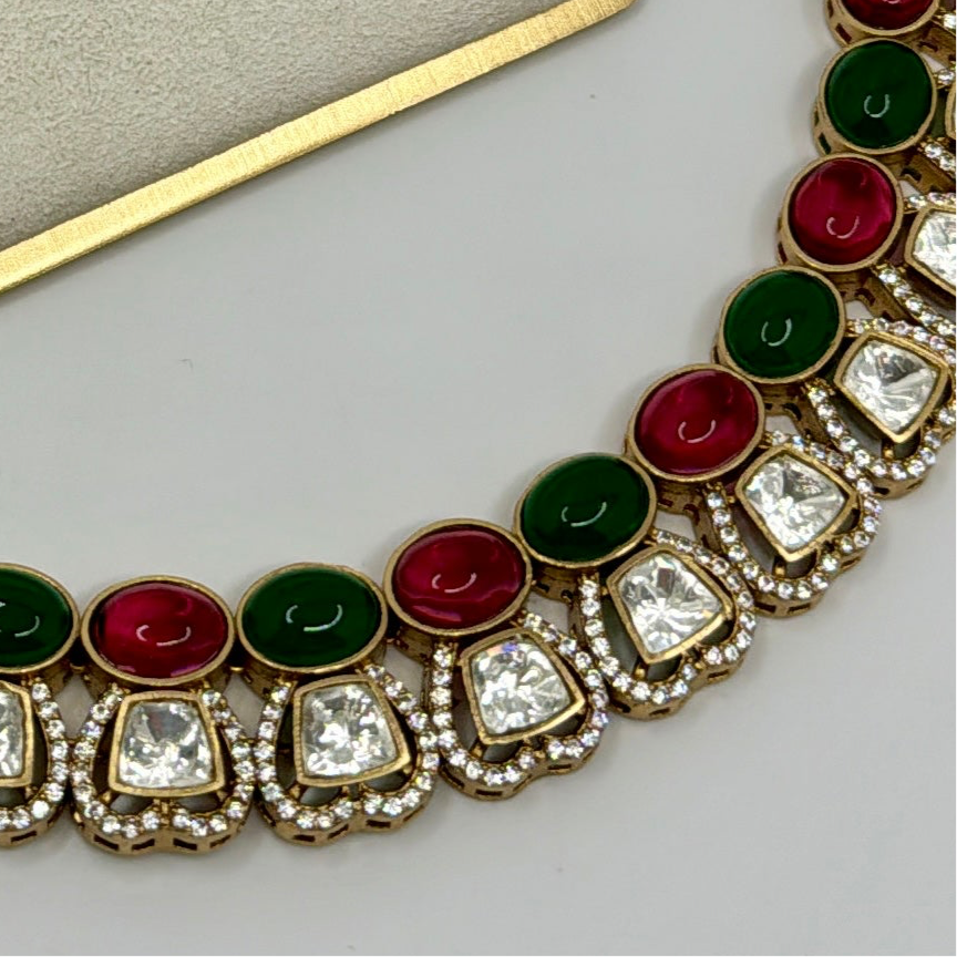 Ruby & Green Moissanite Kundan Necklace Set