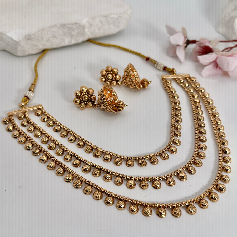 Clear Three Layer Antique Gold Necklace Set