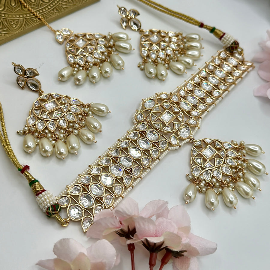 Clear Premium Polki Kundan & Pearls Bridal Choker Set