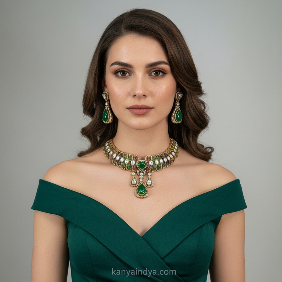 Green Multi Nano Settings Choker Necklace Set