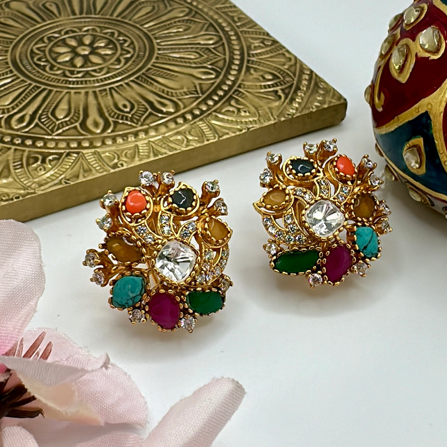 Multi Navratan Kundan Studs