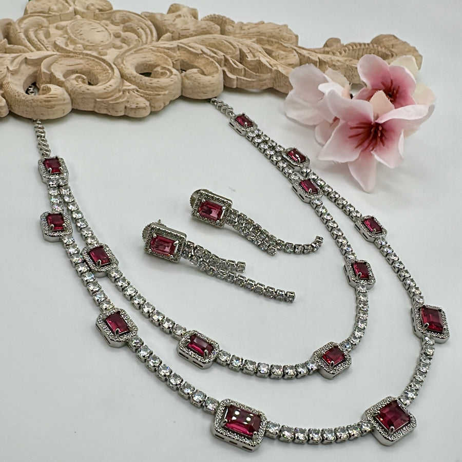 Ruby Two Layer American Diamonds Necklace Set