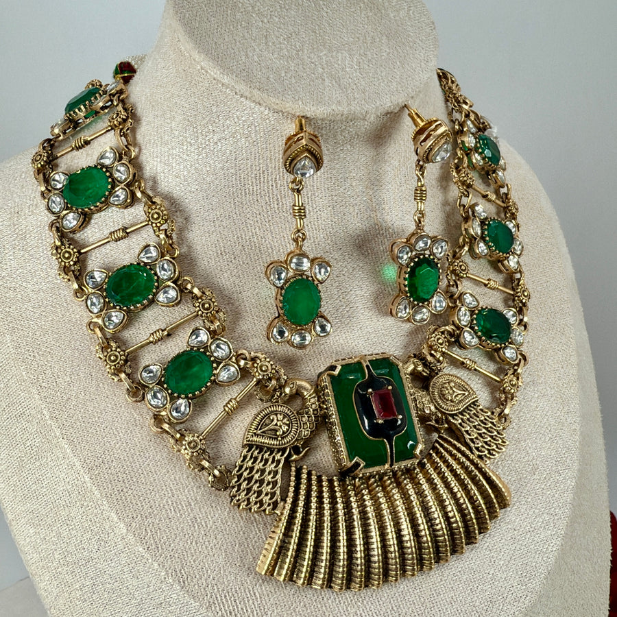 Green Silver Lookalike Apala Inspired Gold Necklace Set