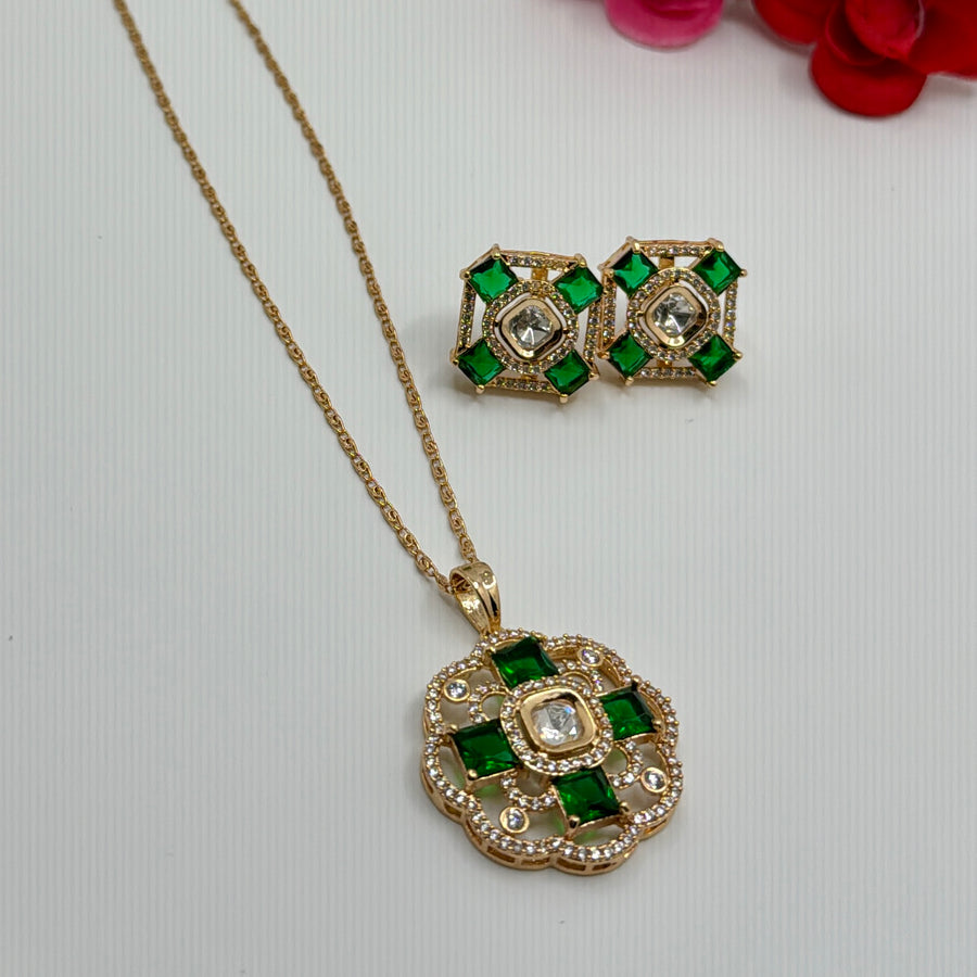 Green Hydro Stones & American Diamonds Pendant Set