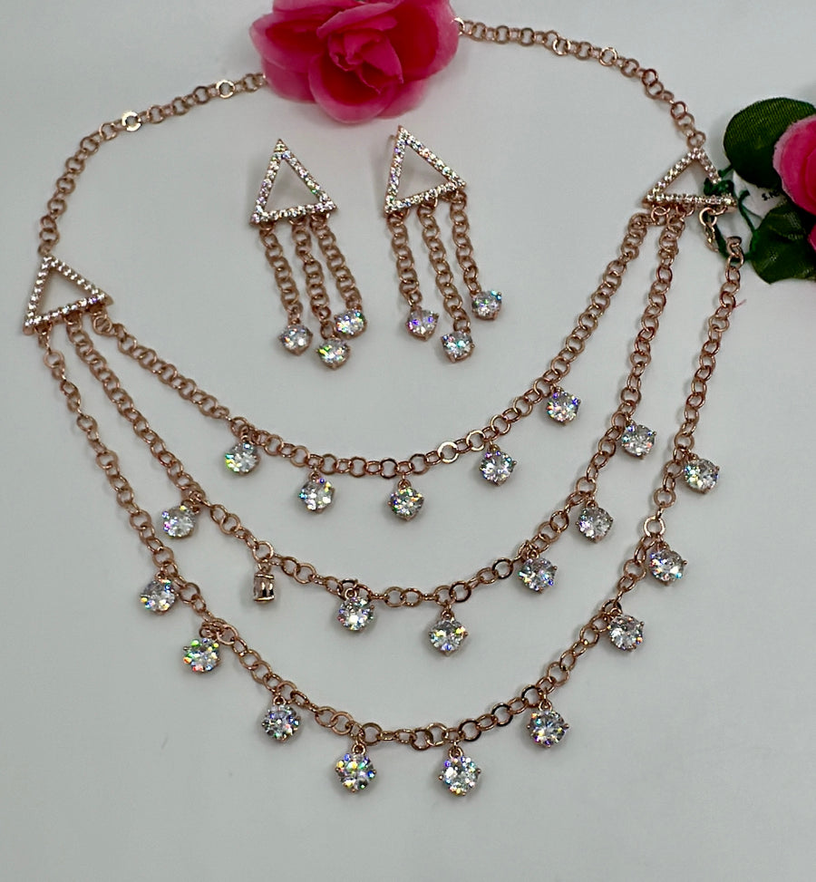 Clear American Diamond Rose Gold Polish Dainty Necklace Set