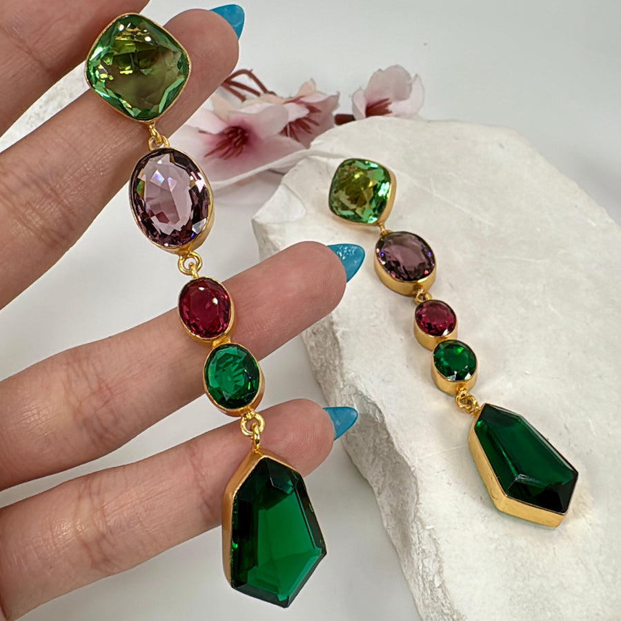 Multi Green Glass Stone American Diamonds Cubic Zirconia  Earrings (Approx. Length 3.5 inches)