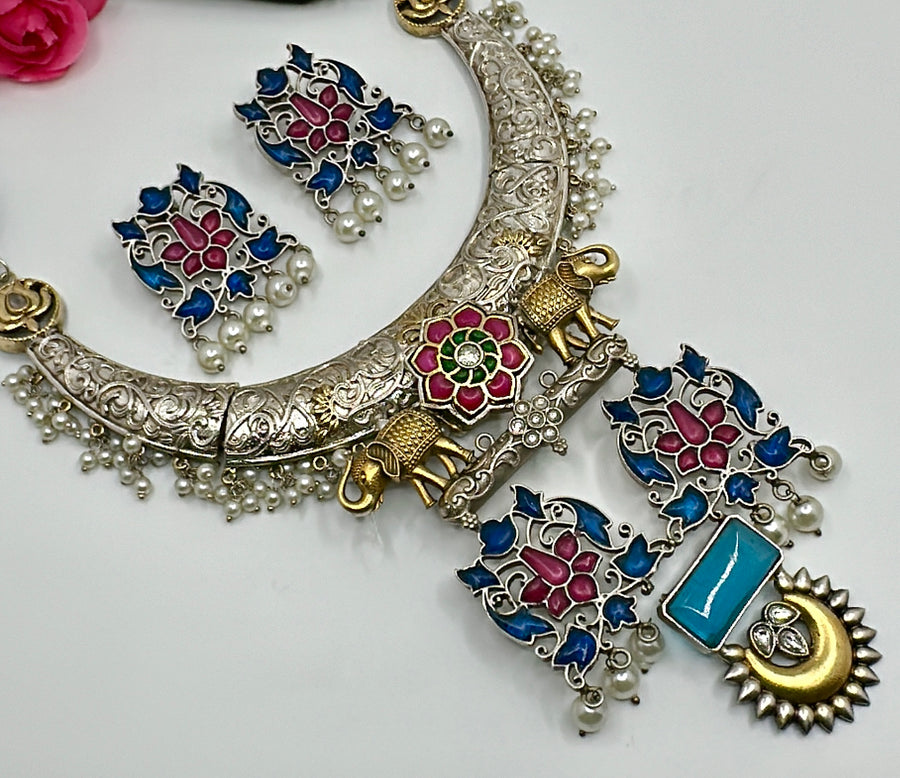 Blue And Ruby Silver Lookalike Elephant Statement Hasli Set