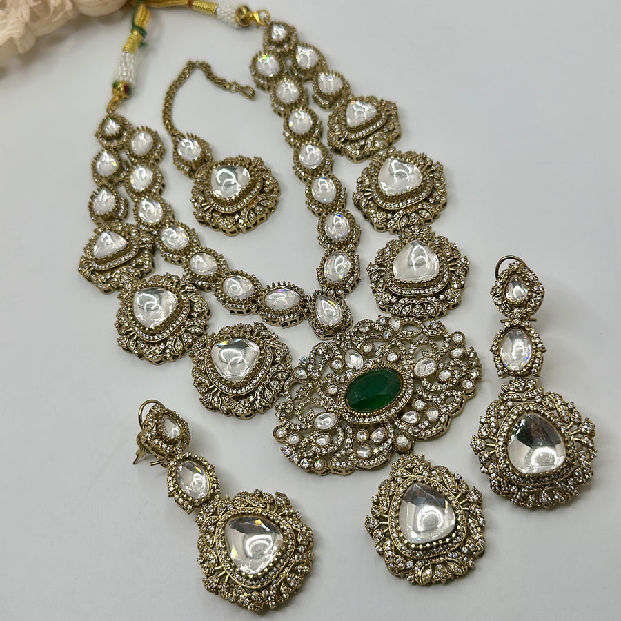 Green Premium Moissanite Kundan Statement Bridal Set