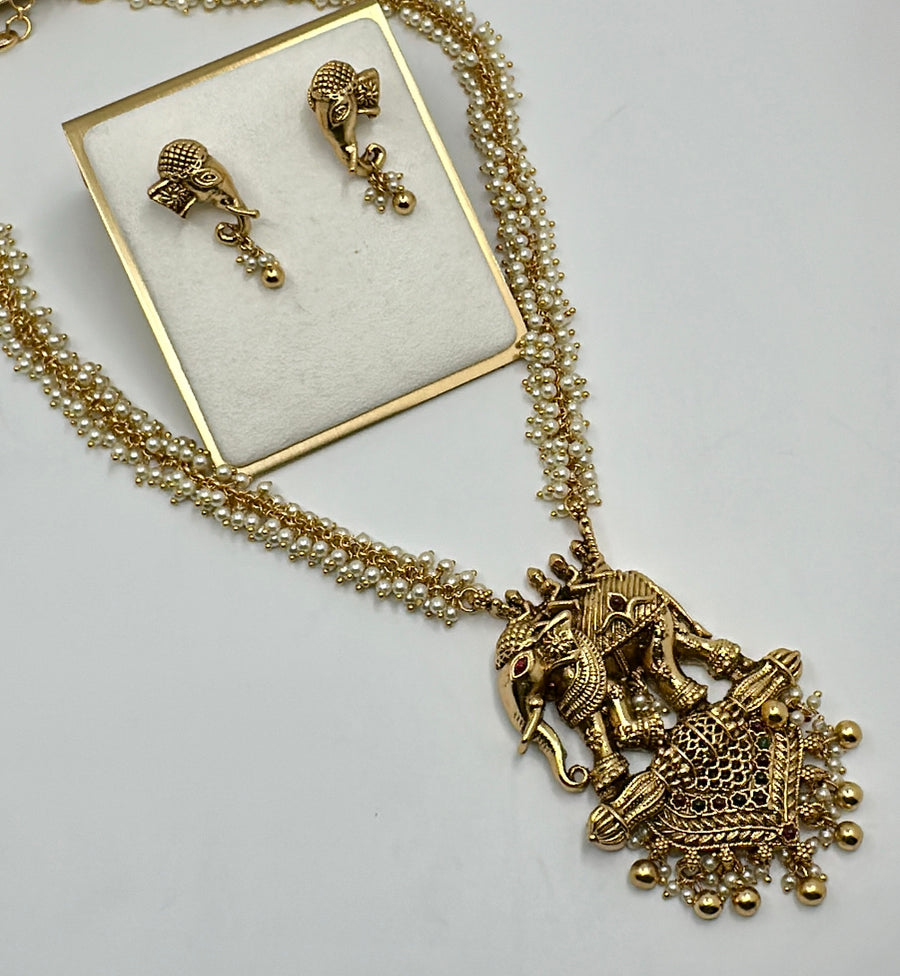 Ruby Temple Inspired Elephant Pearl Cluster Long Necklace Set