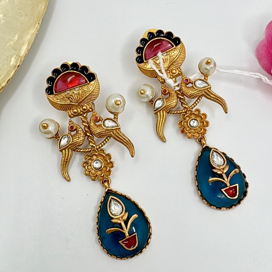 Blue & Coral Red Moissanite Earrings with Glass Stone & Inlay Work