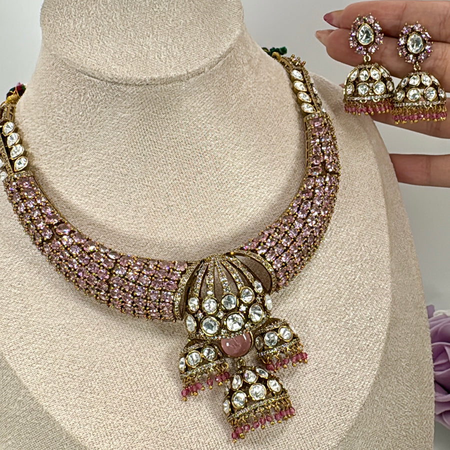 Pink Invisible Setting Moissanite Hasli Necklace Set