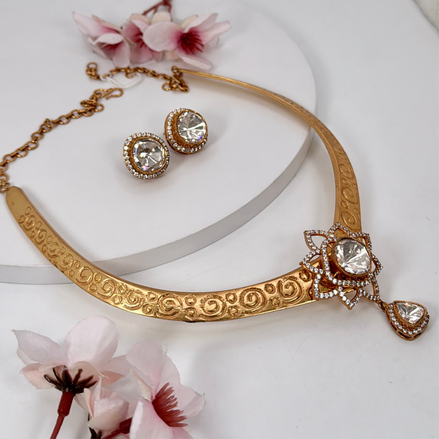 Antique Gold Moissanite Hasli Necklace Set
