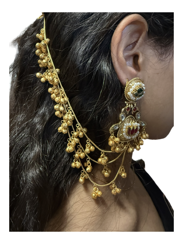 Multi Silver Lookalike Paachi Motifs Gold Sahara Ear Chain Earrings