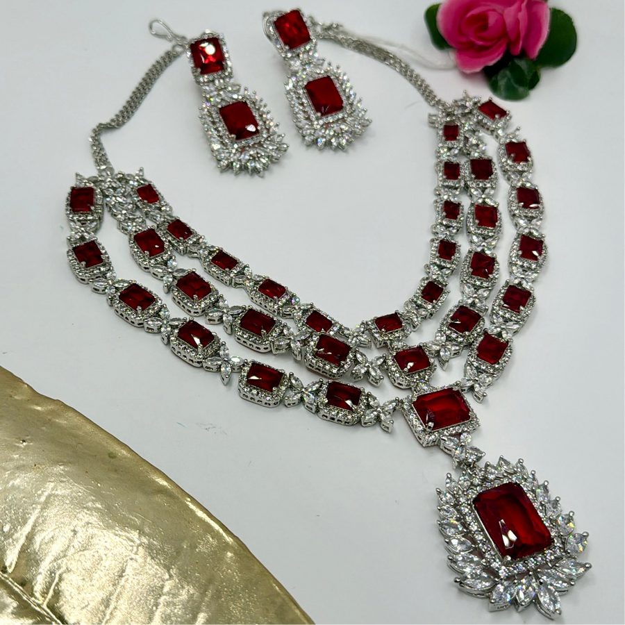 Red American Diamonds Three Layers Necklace Set