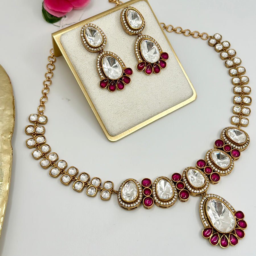 Ruby Red Moissanite Kundan Necklace Set