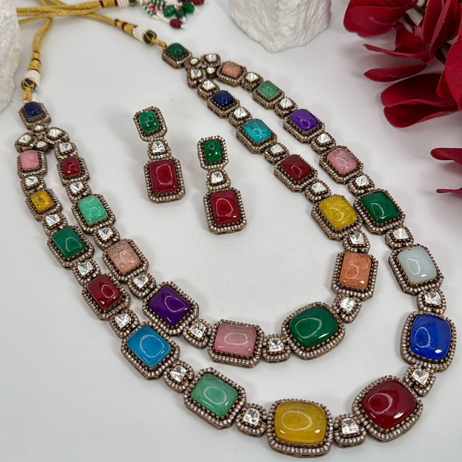 Multi Doublet Moissanite Two Layer Necklace Set