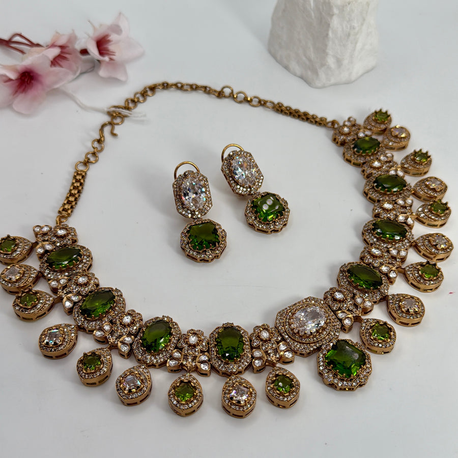 Green American Diamonds & Doublet Sabya Inspired Necklace Set