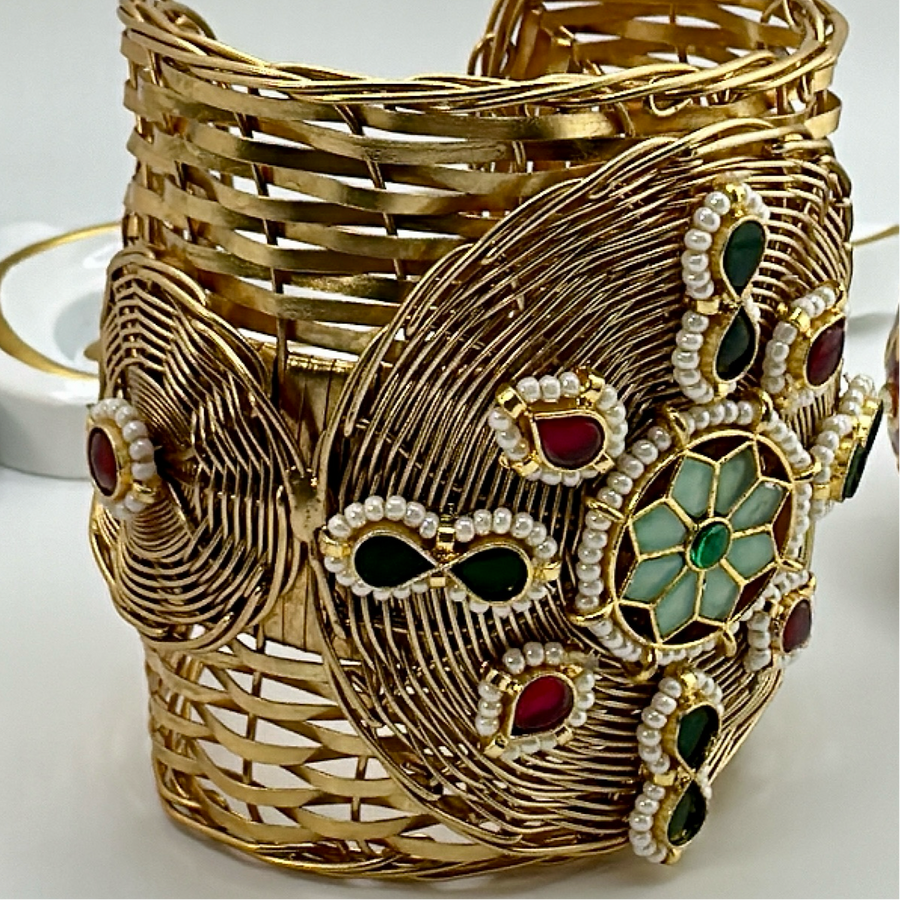 Mint Multi Paachi Motifs Silver Lookalike Gold Cuff(One Size Fits All)