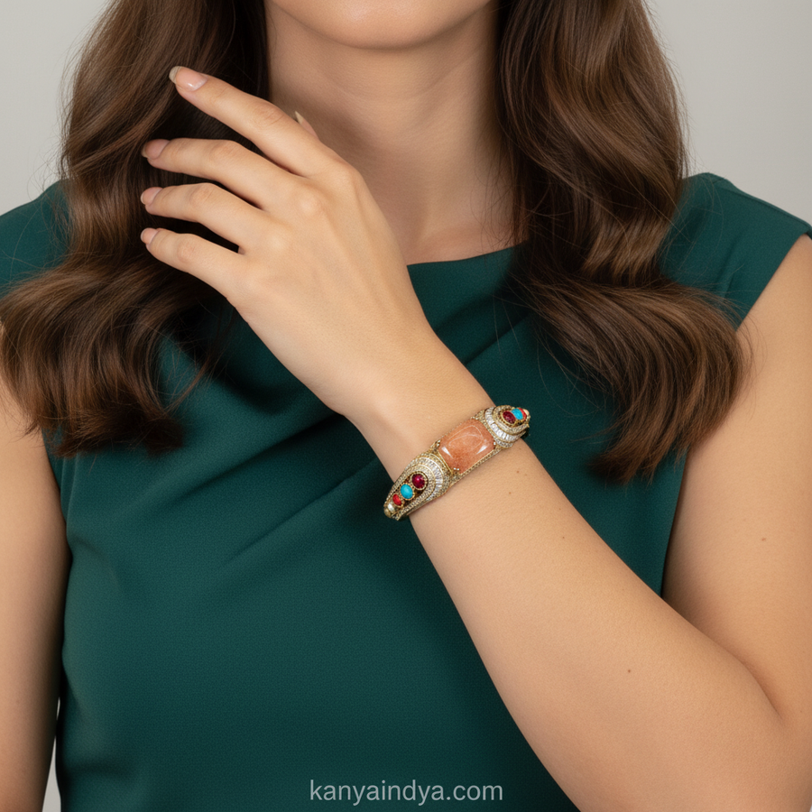 Peach Marble Doublet & Multi Stone Openable Bangle(Fits Size 2.2 to 2.6)