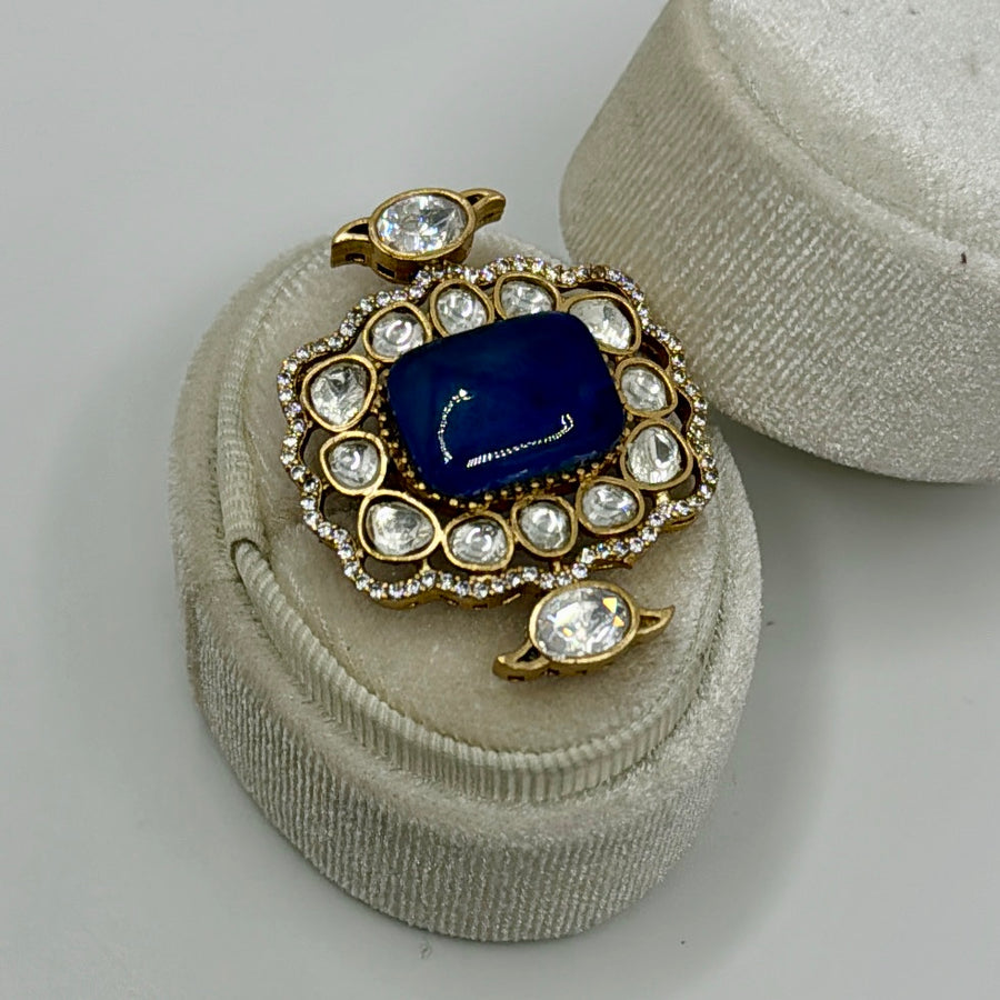 Blue Doublet & Moissanite Kundan Adjustable Finger Ring