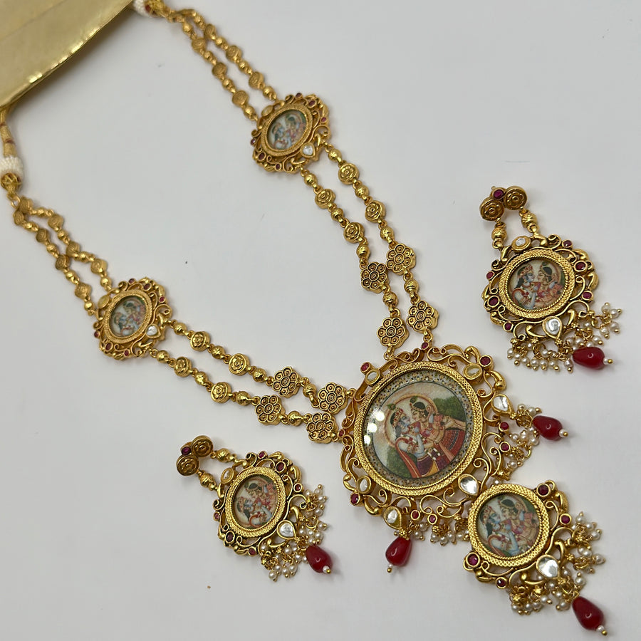 Clear Antique Gold Radha Krishna Necklace Set