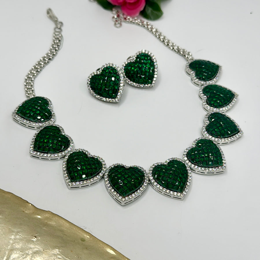 Green Invisible Setting Necklace Set