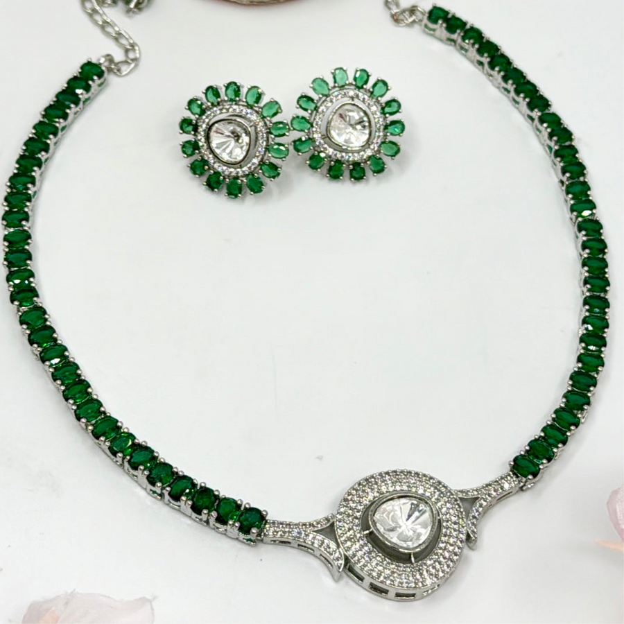 Green Kundan & American Diamonds Dainty Necklace Set