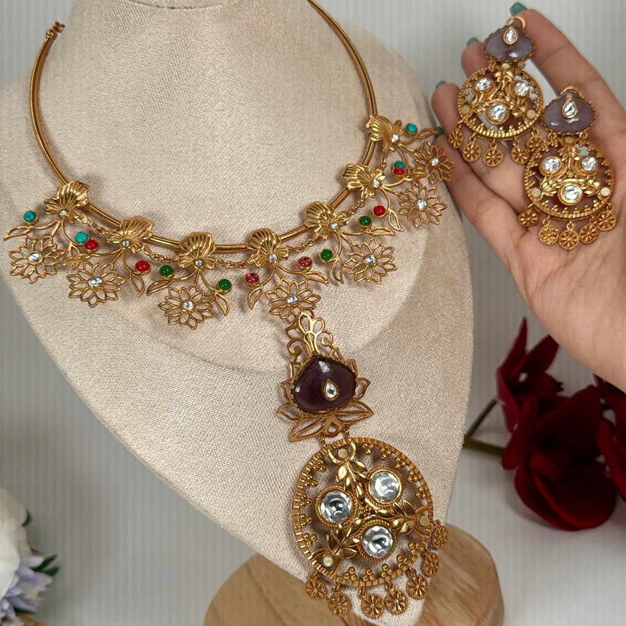 Purple Apala Inspired Moissanite Hasli Necklace Set