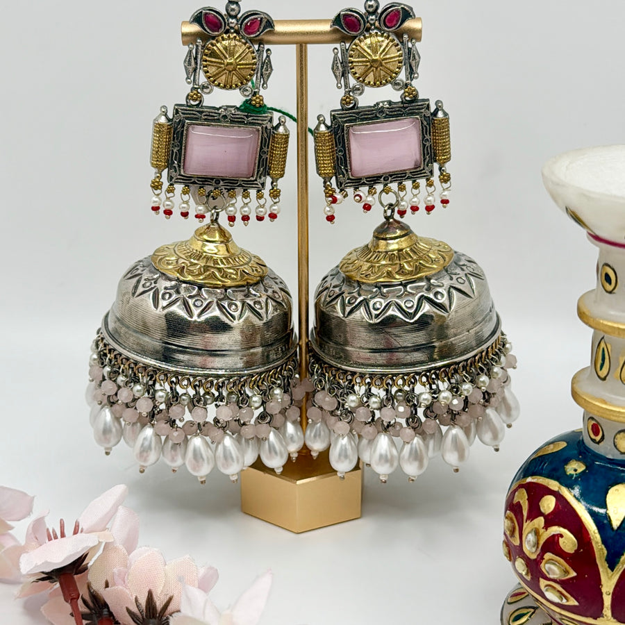 Pink Silver Lookalike Dual Tone Statement Jhumka