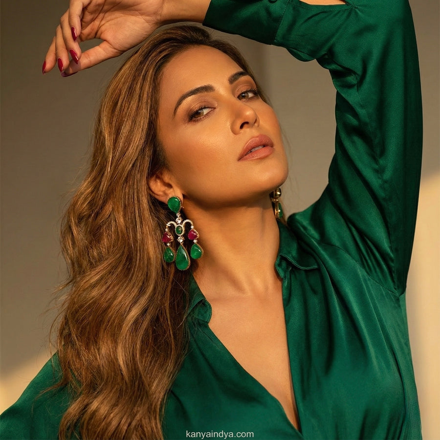 Green & Ruby Doublet Statement Earrings (Approx. Length 3.5 Inches)