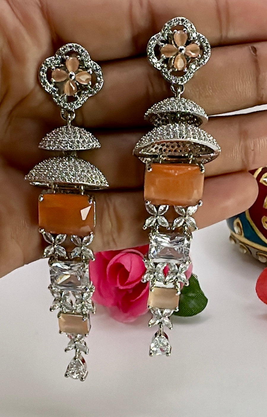 Peach Orange American Diamonds Long Earrings