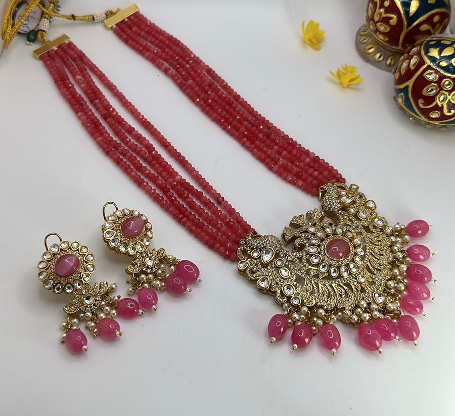 Ruby Moissanite Kundan Victorian Long Necklace Set