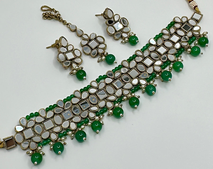 Green Mirror Work Choker Set