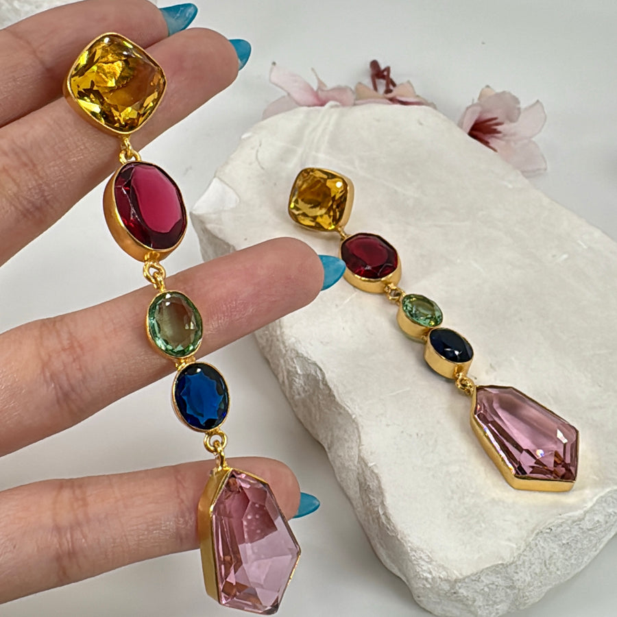 Multi Pink Glass Stone American Diamonds Cubic Zirconia  Earrings (Approx. Length 3.5 inches)