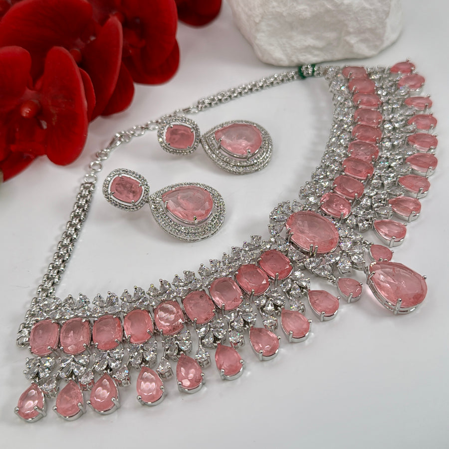Pink Cubic Zirconia American Diamonds Necklace Set