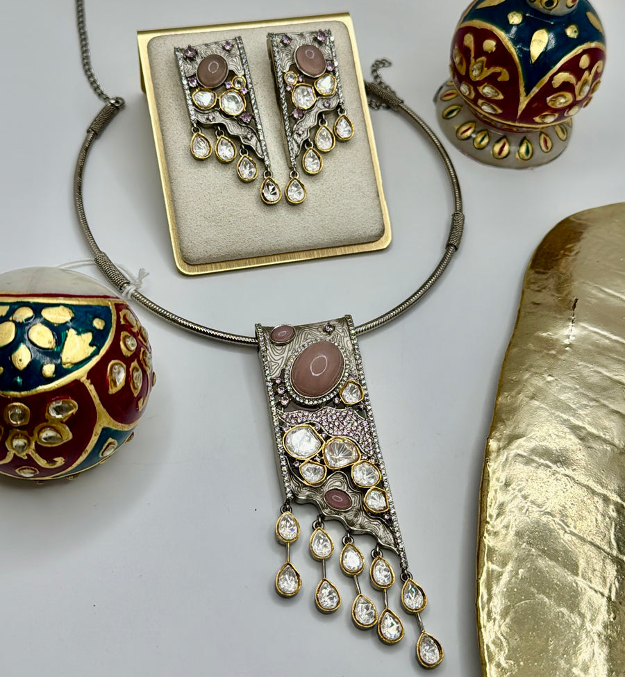 Pink Doublet & Moissanite Silver Lookalike Hasli Set