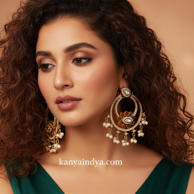 Orange Pearl Moissanite Chand Bali Earrings