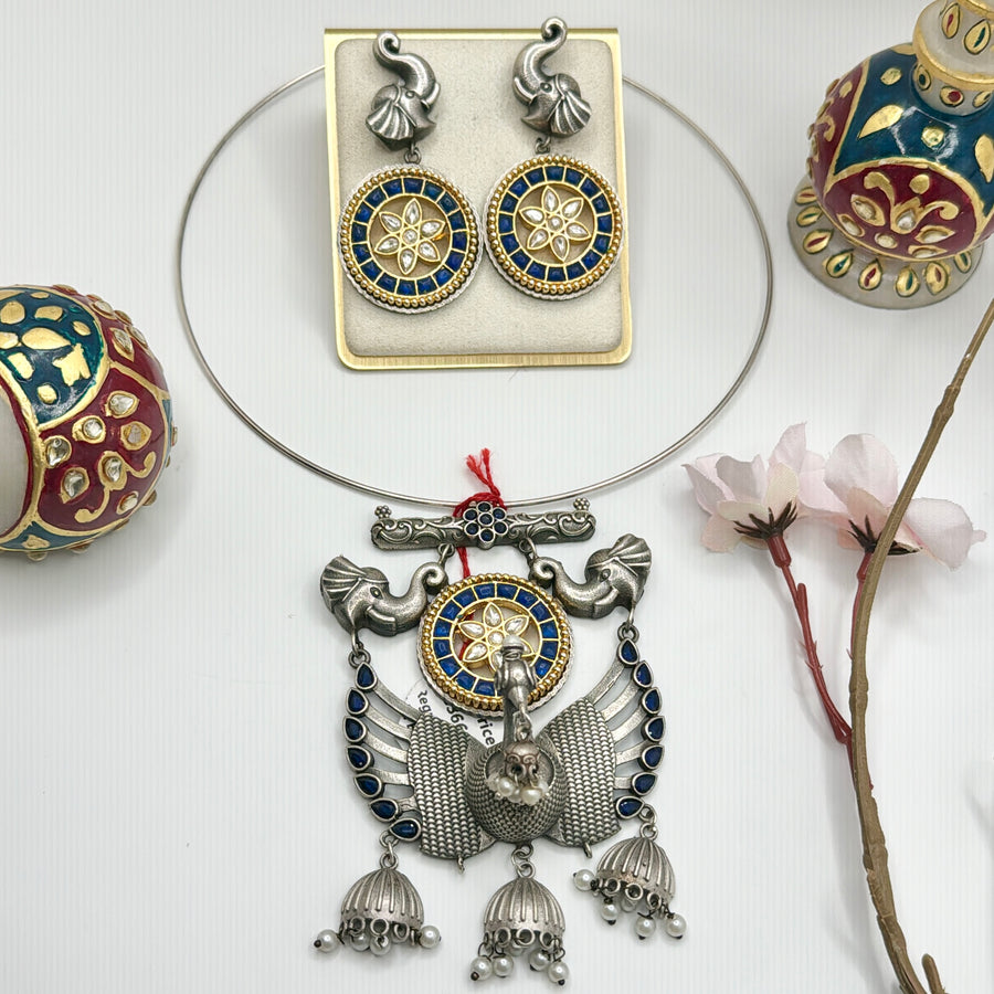 Blue Silver Lookalike Kundan Hasli Necklace Set