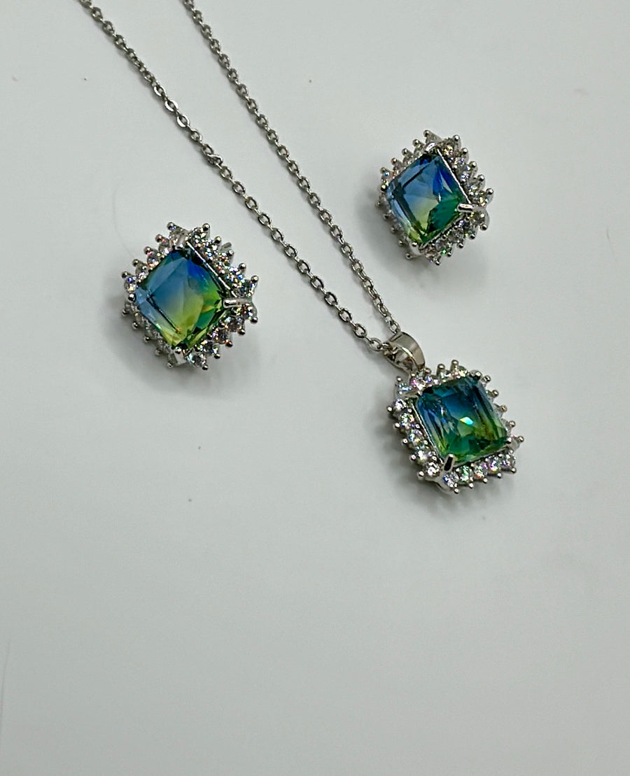 Teal American Diamonds Pendant Set