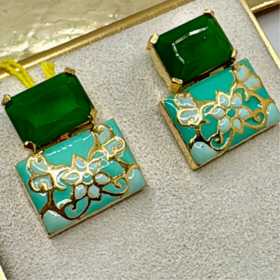 Green Swarovski Crystal & Turquoise Meenakari Studs