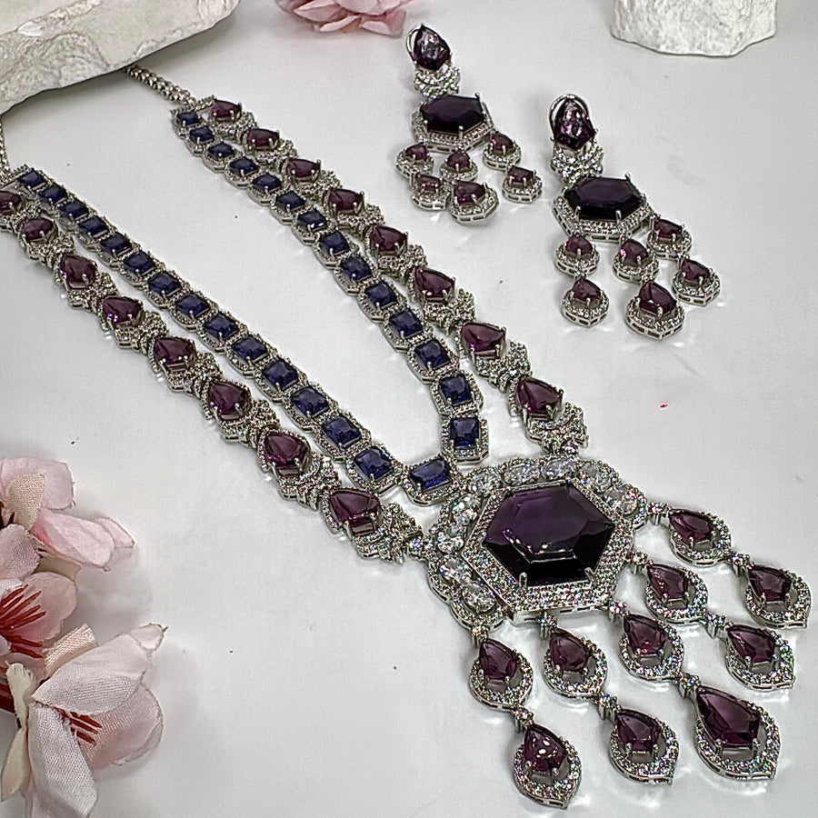 Purple Amethyst American Diamonds Cubic Zirconia Two Layer Statement Necklace Set