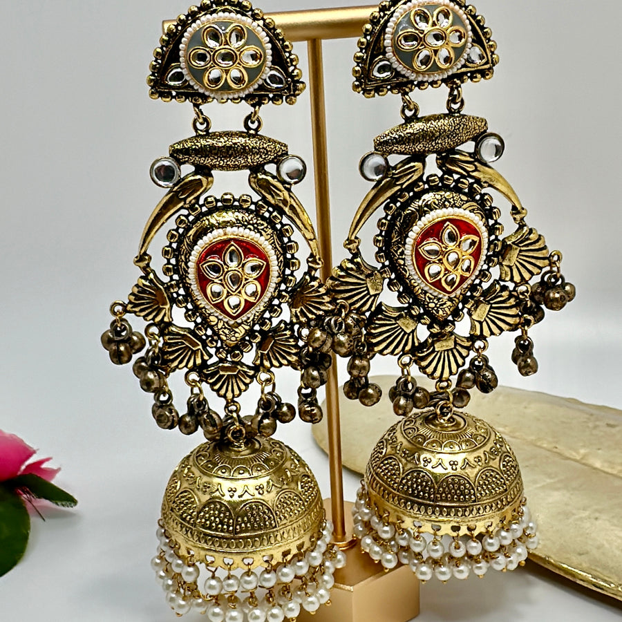 Red Dual Tone Silver Lookalike Statement Jhumka