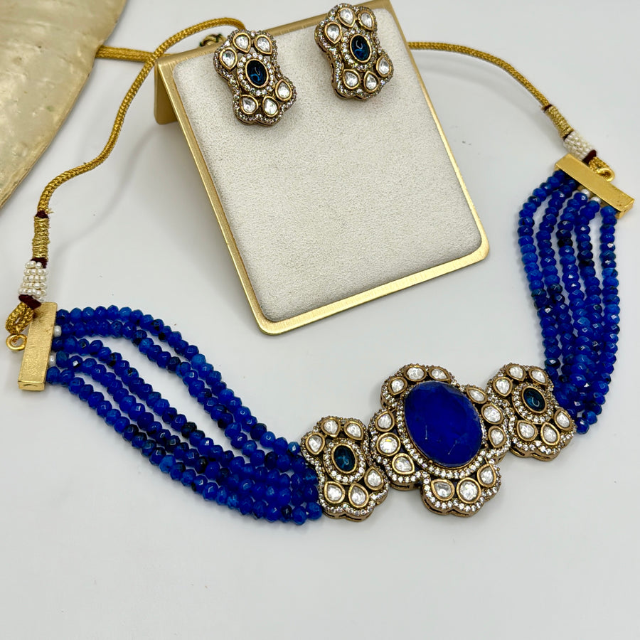 Blue Moissanite Kundan Choker Necklace Set